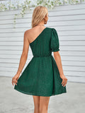 fashion one-shoulder solid color waist dress