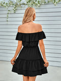 casual off-the-shoulder ruffled solid color dress