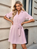 solid color lapel five-point sleeve belt dress