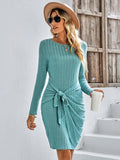 round neck long sleeve solid color slim ladies dress