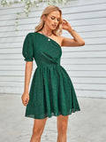 fashion one-shoulder solid color waist dress