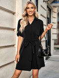 solid color lapel five-point sleeve belt dress