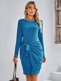 round neck long sleeve solid color slim ladies dress