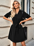 solid color lapel five-point sleeve belt dress