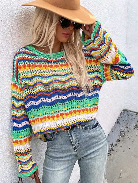 stitching sweater loose color round neck striped sweater woman