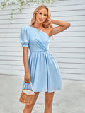 fashion one-shoulder solid color waist dress