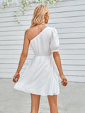 fashion one-shoulder solid color waist dress