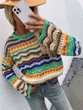 stitching sweater loose color round neck striped sweater woman