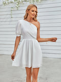 fashion one-shoulder solid color waist dress