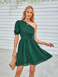 fashion one-shoulder solid color waist dress