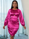 round neck openwork satin sexy dress on the chest