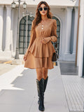 long-sleeved V-neck ruffled chiffon dress