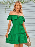 casual off-the-shoulder ruffled solid color dress