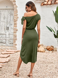 casual knitted dress with oblique neck and waist split