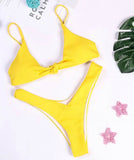 Yellow Cute High Cut Knotted Ribbed Bikini Set