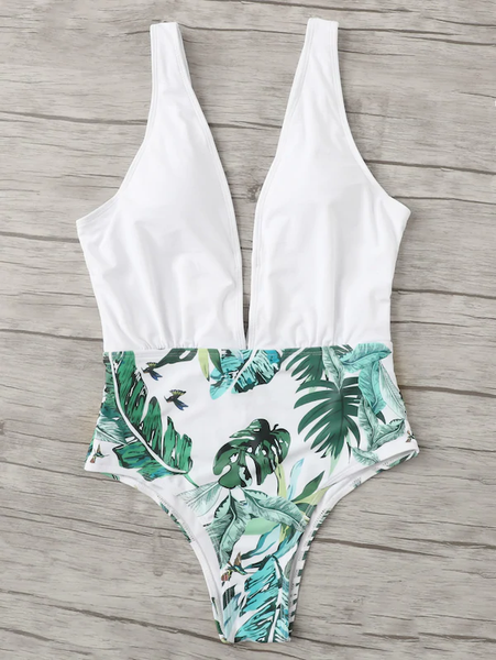 Plunge  Leaf Print Swimsuit