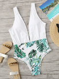 Plunge  Leaf Print Swimsuit