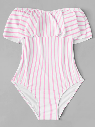 Striped Off The Shoulder Plunging Swimsuit