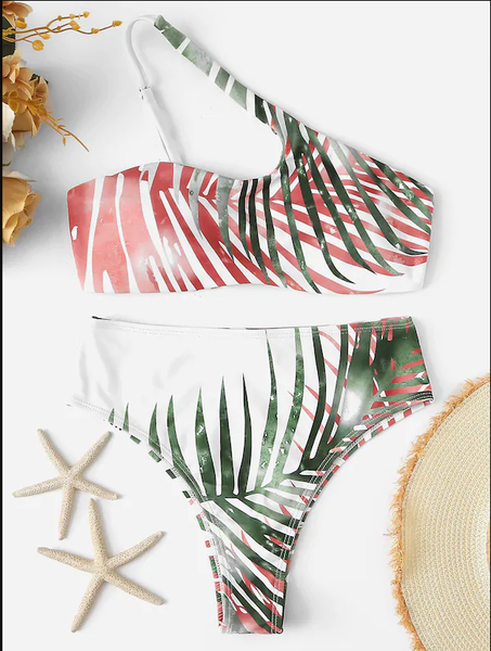 One Shoulder Leaf Print Bikini 