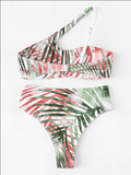 One Shoulder Leaf Print Bikini