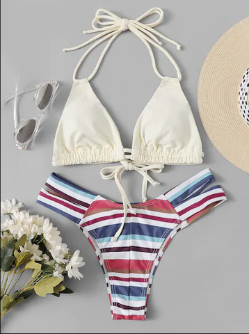 Halter Striped High Cut Bikini Set 