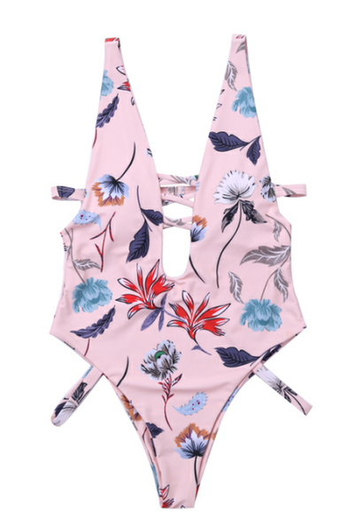 Pink Leaf Criss Cross Swimsuit 