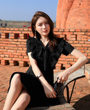 Flounce Flare Sleeve V Neck Chiffon Dress