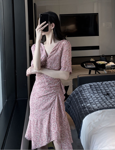 Sexy Ruffles Overlap Floral Midi Dress