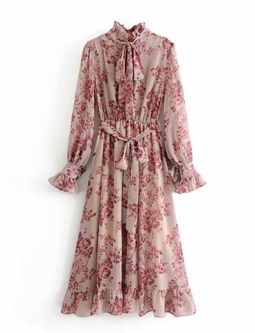 Floral Long Sleeve A Line Dress