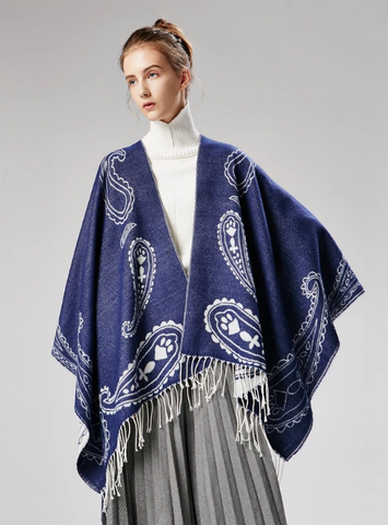 FRINGED CASHEW FLOWER SHAWL DUAL-PURPOSE CLOAK