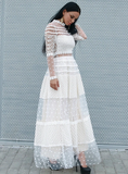LONG SLEEVE LACE MESH WAVE POINTS HALF HIGH NECK DRESS