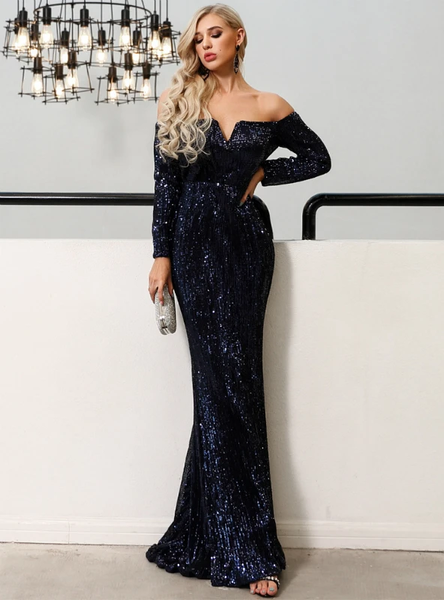 SEXY SHOULDER SEQUINS LONG SLEEVE PARTY DRESS