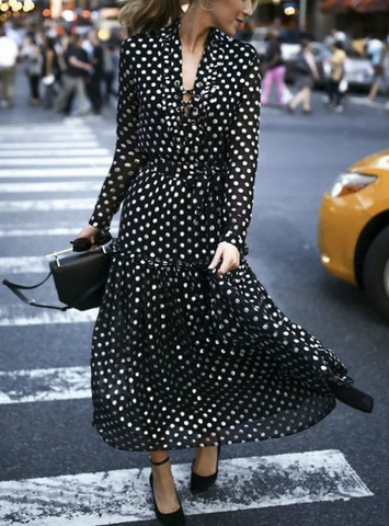 BOHEMIAN MAXI POLKA DOT V-NECK WRAP DRESS