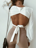 OPEN BACK STRAP SEXY LONG SLEEVE BLOUSE