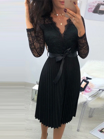 Long Sleeve Casual Women Lace Pleated Black Ribbon Hollow Chiffon Midi Dress