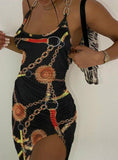 Women Print Halter Chain Strap Backless Dress