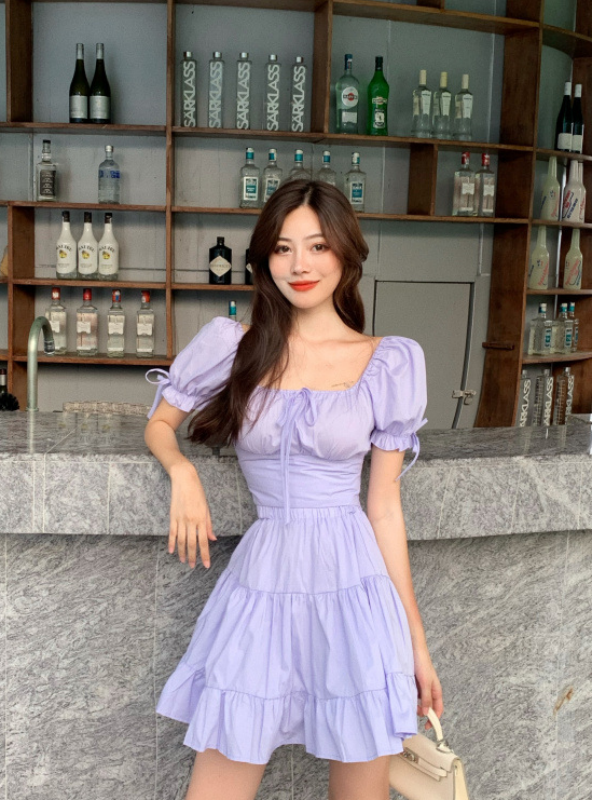 Solid Frill Hem Sashes Knotted Backless Sweet Young Style Woman Dress ...