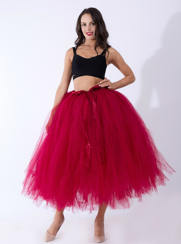 Women Burgundy Tulle Tutu Middle Skirt