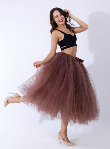 Women Coffee Tulle Tutu Middle Skirt