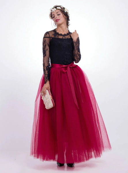 Burgundy Gauze Mop Floor Long Skirt