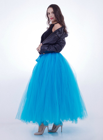 Women Blue Tulle Long Tutu Skirt