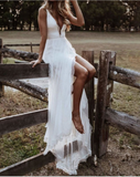 White Lace V-neck Flared Backless Two Pieces Maxi Dress