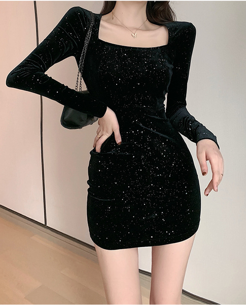 Women Sexy Glitter Open Back Long Sleeve Bodycon Dress