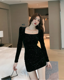 Women Sexy Glitter Open Back Long Sleeve Bodycon Dress