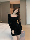 Women Sexy Glitter Open Back Long Sleeve Bodycon Dress