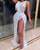 Solid Mesh Tassel Sequins Sexy Party Dress
