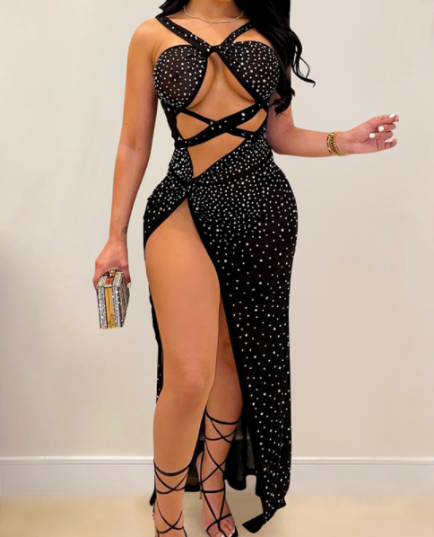 Sexy Cutout Studded High Slit Maxi Mesh Dress