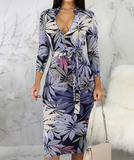 Leaf Print Zipper Neck Long Sleeve Belted Midi Dress