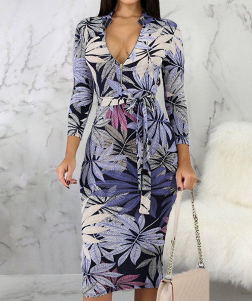 Leaf Print Zipper Neck Long Sleeve Belted Midi Dress