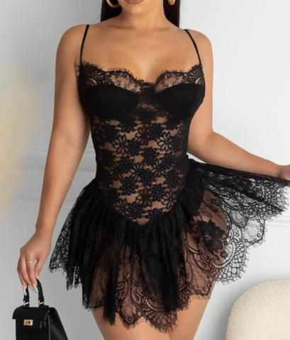 Sexy Spaghetti Strap See Through Lace Party Club Dress